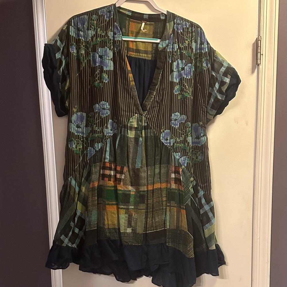 Free People Women's Floral Patchwork V-Neck Tunic Top - Blue Green